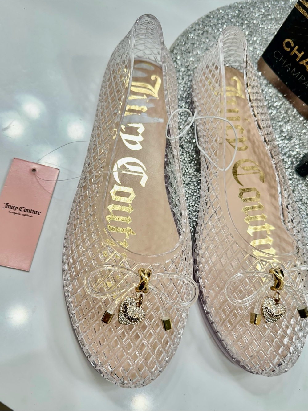 NEW Juicy Couture Women's Clear Jelly Ballet Flats with Gold Charms Size 9 Shoes